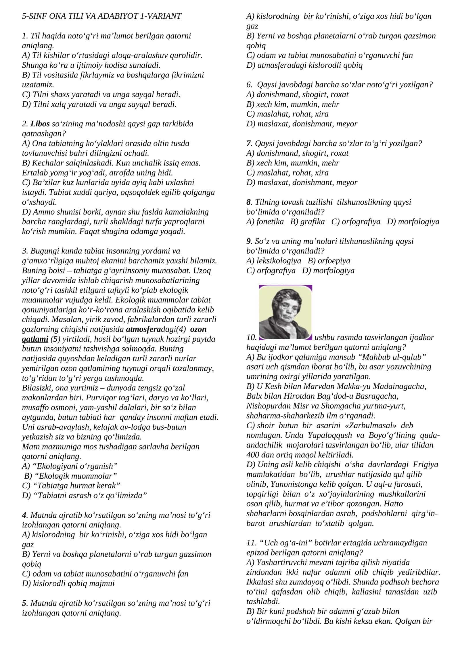 5-SINF ONA TILI VA ADABIYOT 1-VARIANT 1