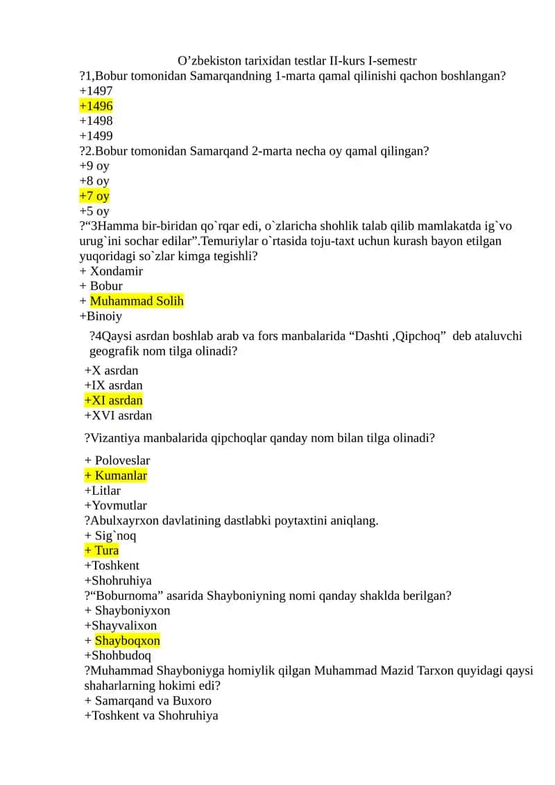 O’zbekiston tarixidan testlar II-kurs I-semestr 1