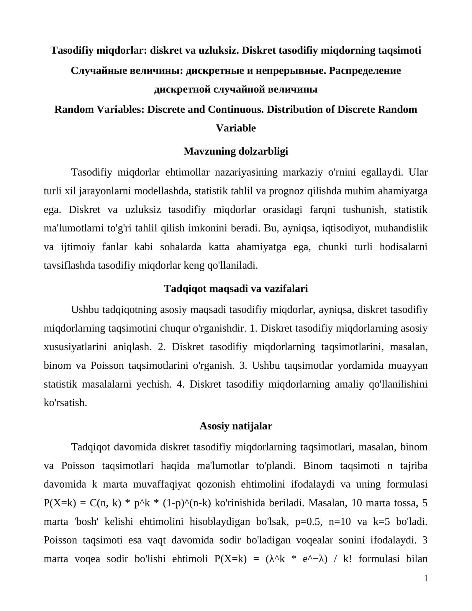 Tasodifiy miqdorlar ehtimollar nazariyasi 1