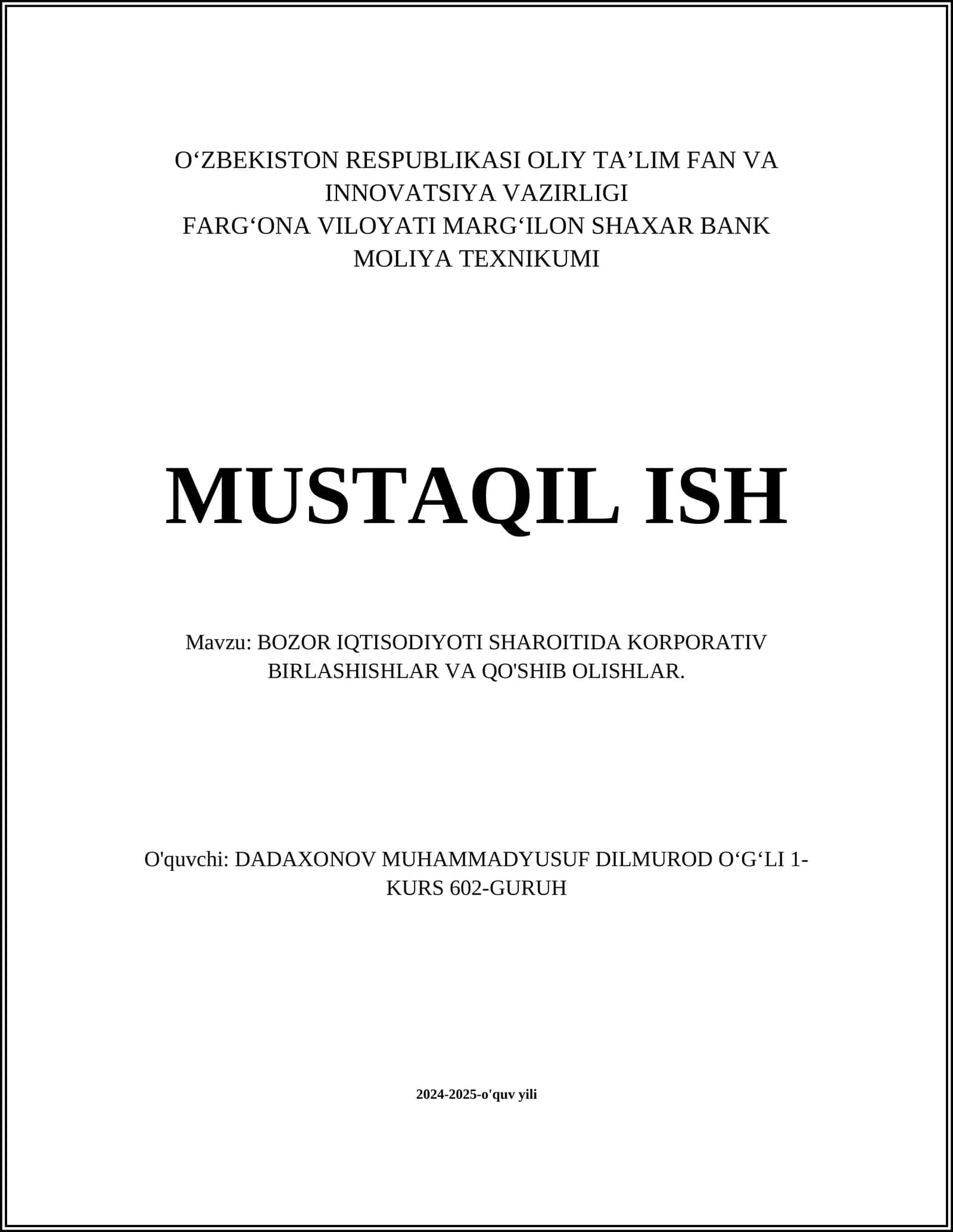 BOZOR IQTISODIYOTI SHAROITIDA KORPORATIV BIRLASHISHLAR VA QO'SHIB OLISHLAR 1
