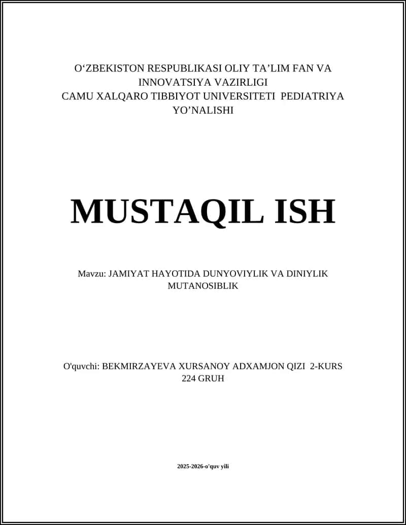 JAMIYAT HAYOTIDA DUNYOVIYLIK VA DINIYLIK MUTANOSIBLIK 1