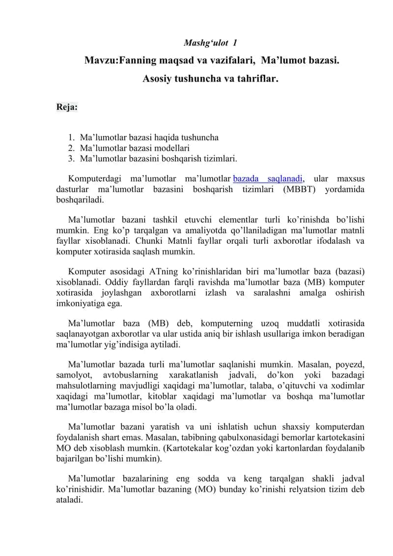 Ma'lumotlar bazasi 1