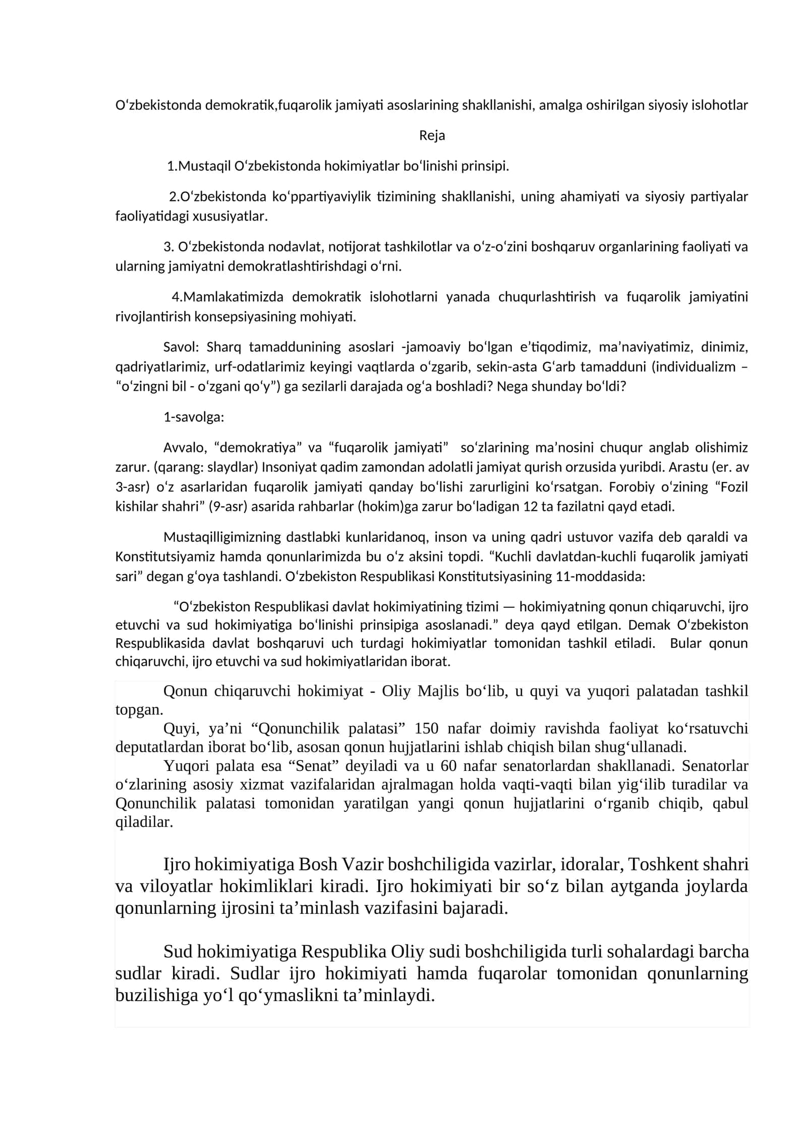O‘zbekistonda demokratik,fuqarolik jamiyati asoslarining shakllanishi, amalga oshirilgan siyosiy islohotlar 1