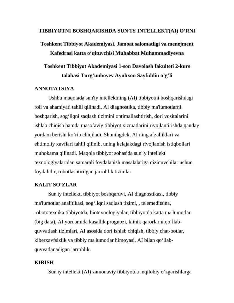 Sun'iy Intellekt Tibbiyotni Boshqarishda 1