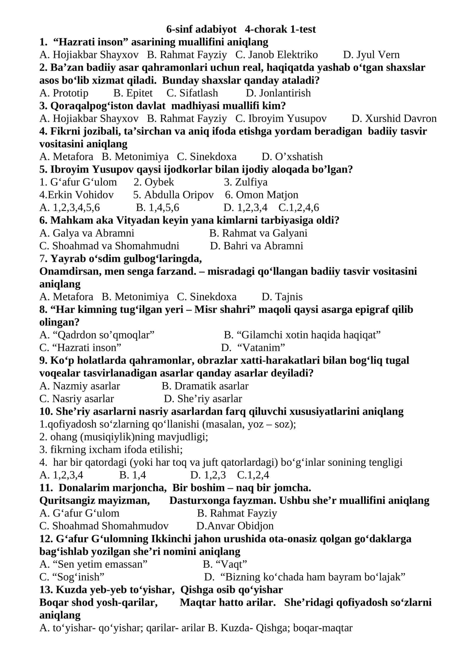 6-sinf adabiyot 4-chorak 1-test 1