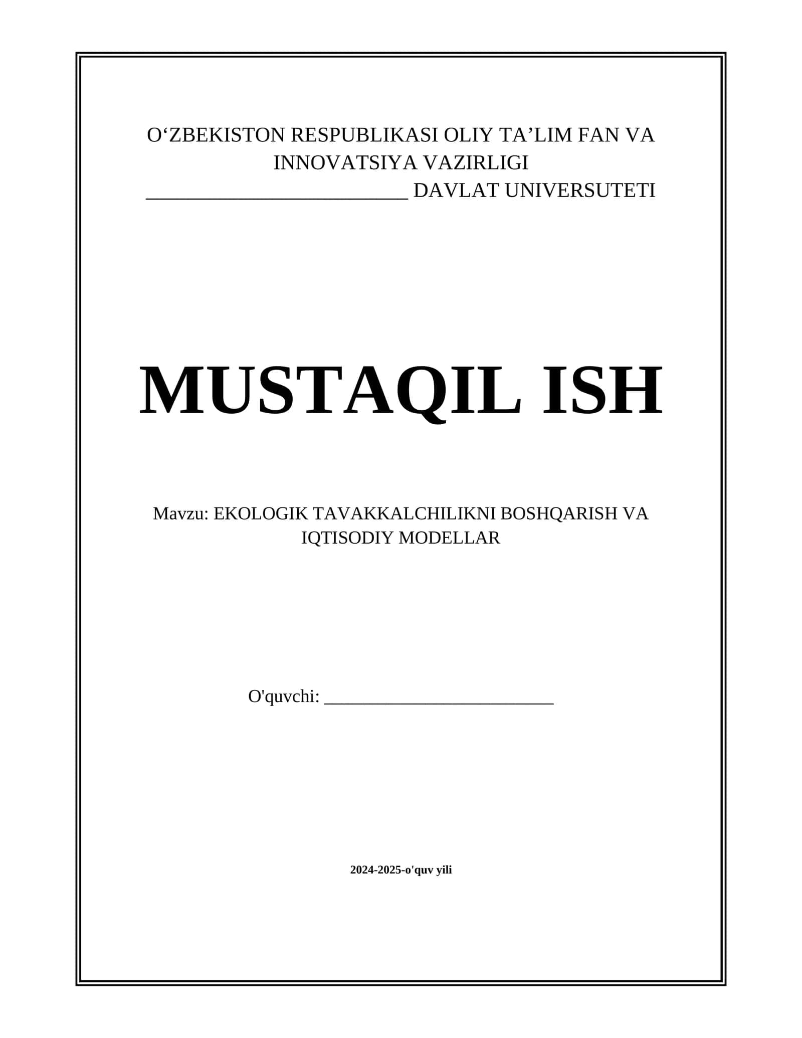 EKOLOGIK TAVAKKALCHILIKNI BOSHQARISH VA IQTISODIY MODELLAR 1