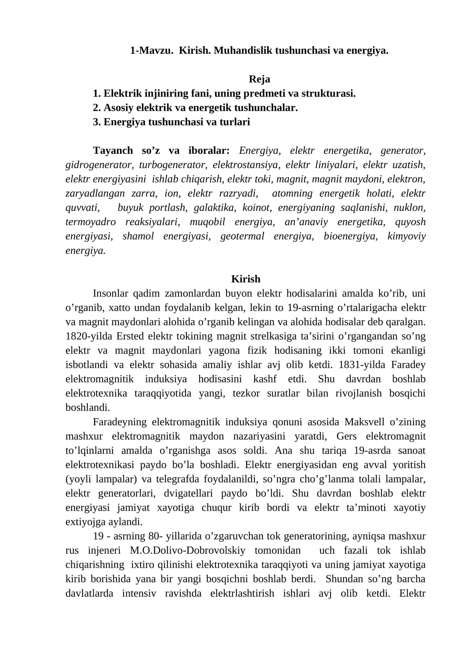 Kirish. Muhandislik tushunchasi va energiya 1