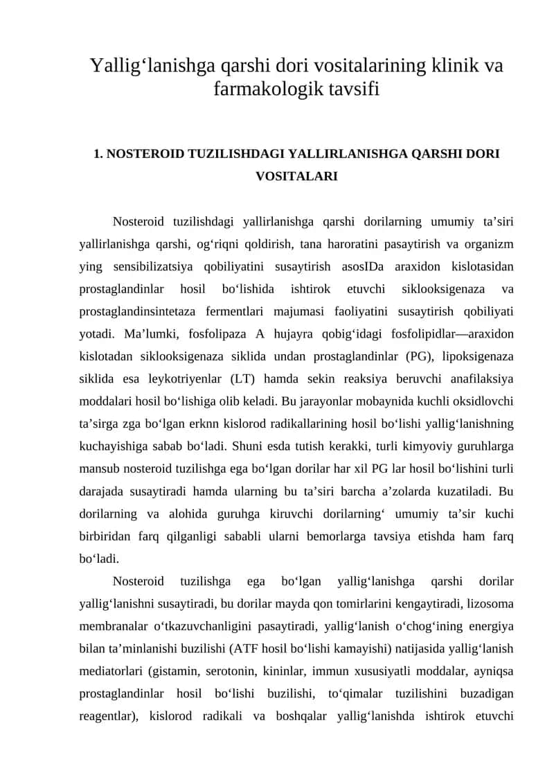 NOSTEROID TUZILISHDAGI YALLIRLANISHGA QARSHI DORI VOSITALARI 1