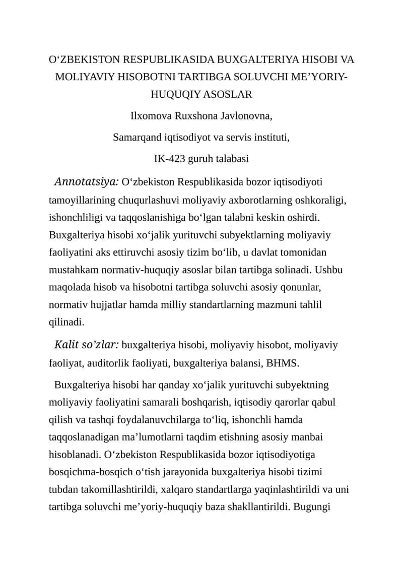 Buxgalteriya Hisobi va Moliyaviy Hisobotni Tartibga Soluvchi Me’yoriy-Huquqiy Asoslar 1