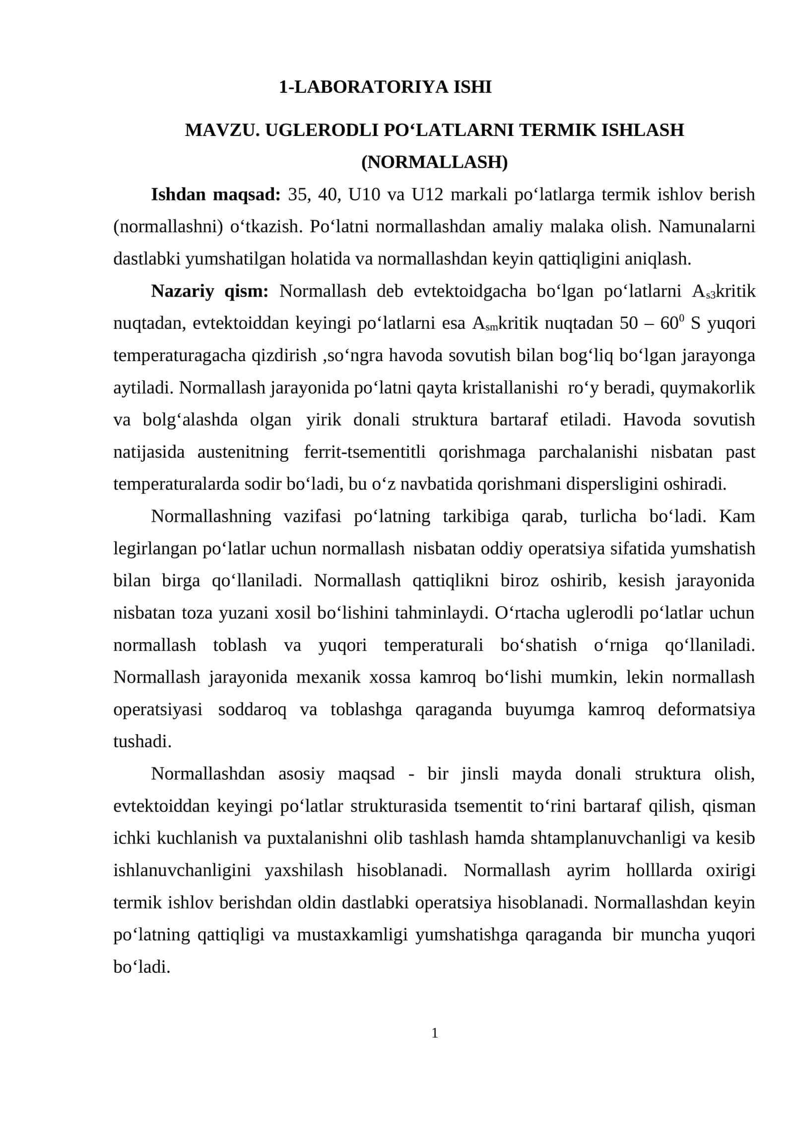 LABORATORIYA ISHI: UGLERODLI PO‘LATLARNI TERMIK ISHLASH (NORMALLASH) 1