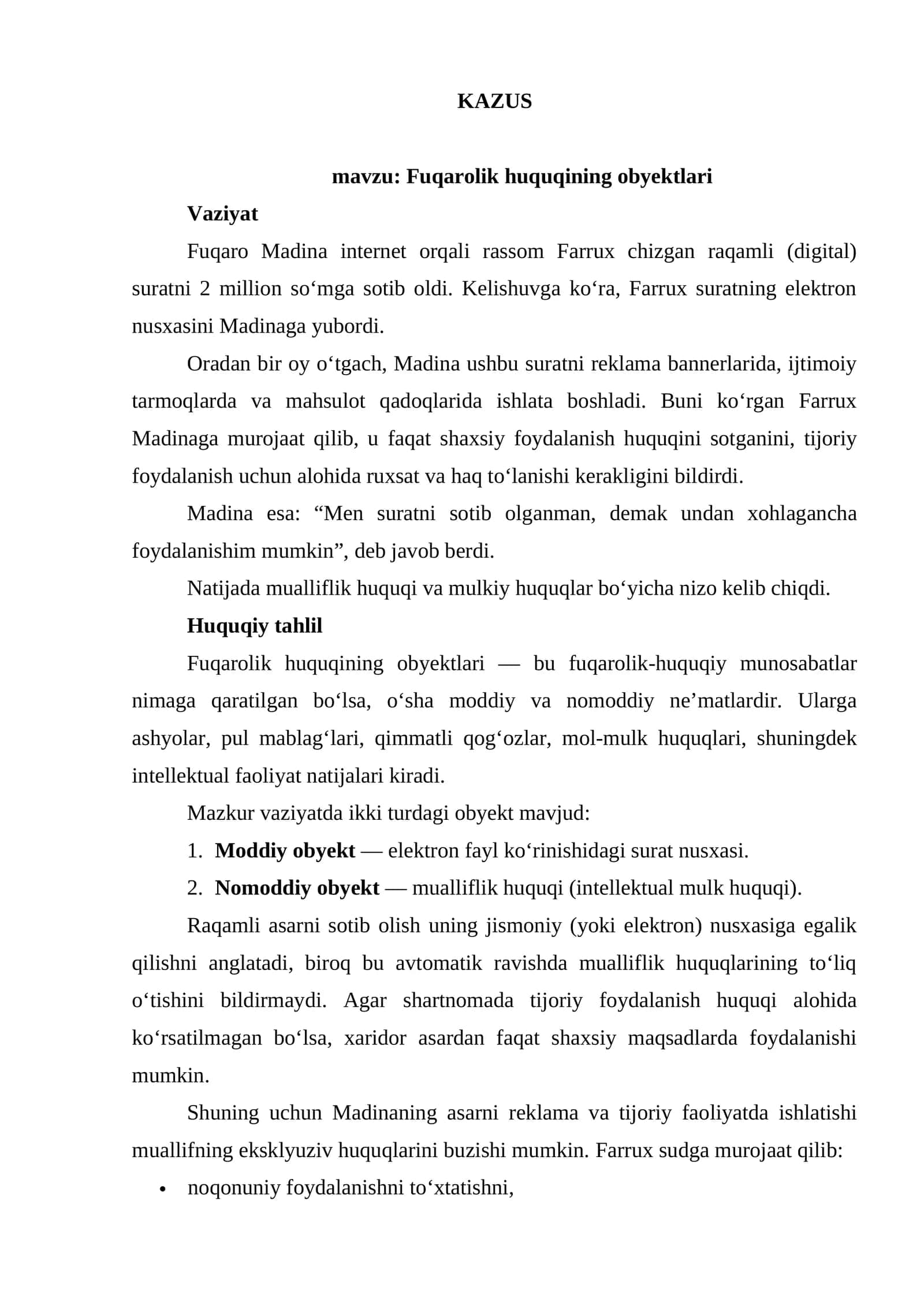 KAZUS Fuqarolik huquqining obyektlari 1