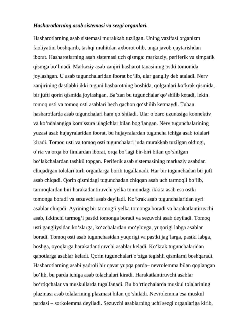 Hasharotlarning asab sistemasi va sezgi organlari. 1