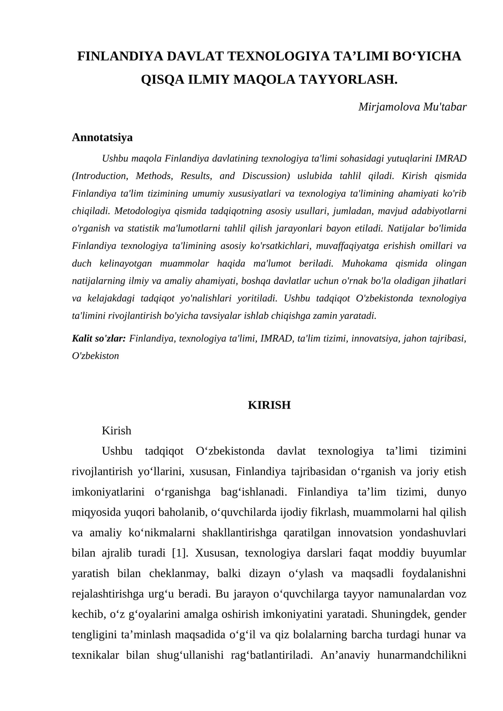 FINLANDIYA DAVLAT TEXNOLOGIYA TA’LIMI BO‘YICHA QISQA ILMIY MAQOLA TAYYORLASH 1