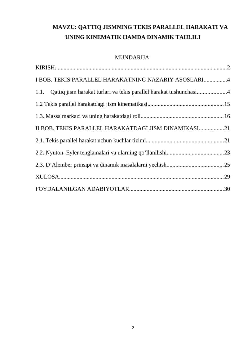 QATTIQ JISMNING TEKIS PARALLEL HARAKATI VA UNING KINEMATIK HAMDA DINAMIK TAHLILI 1
