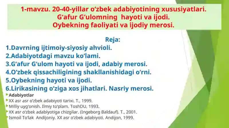 1-mavzu. 20-40-yillar o‘zbek adabiyotining xususiyatlari.