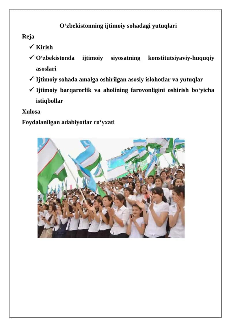 O‘zbekistonning ijtimoiy sohadagi yutuqlari 1