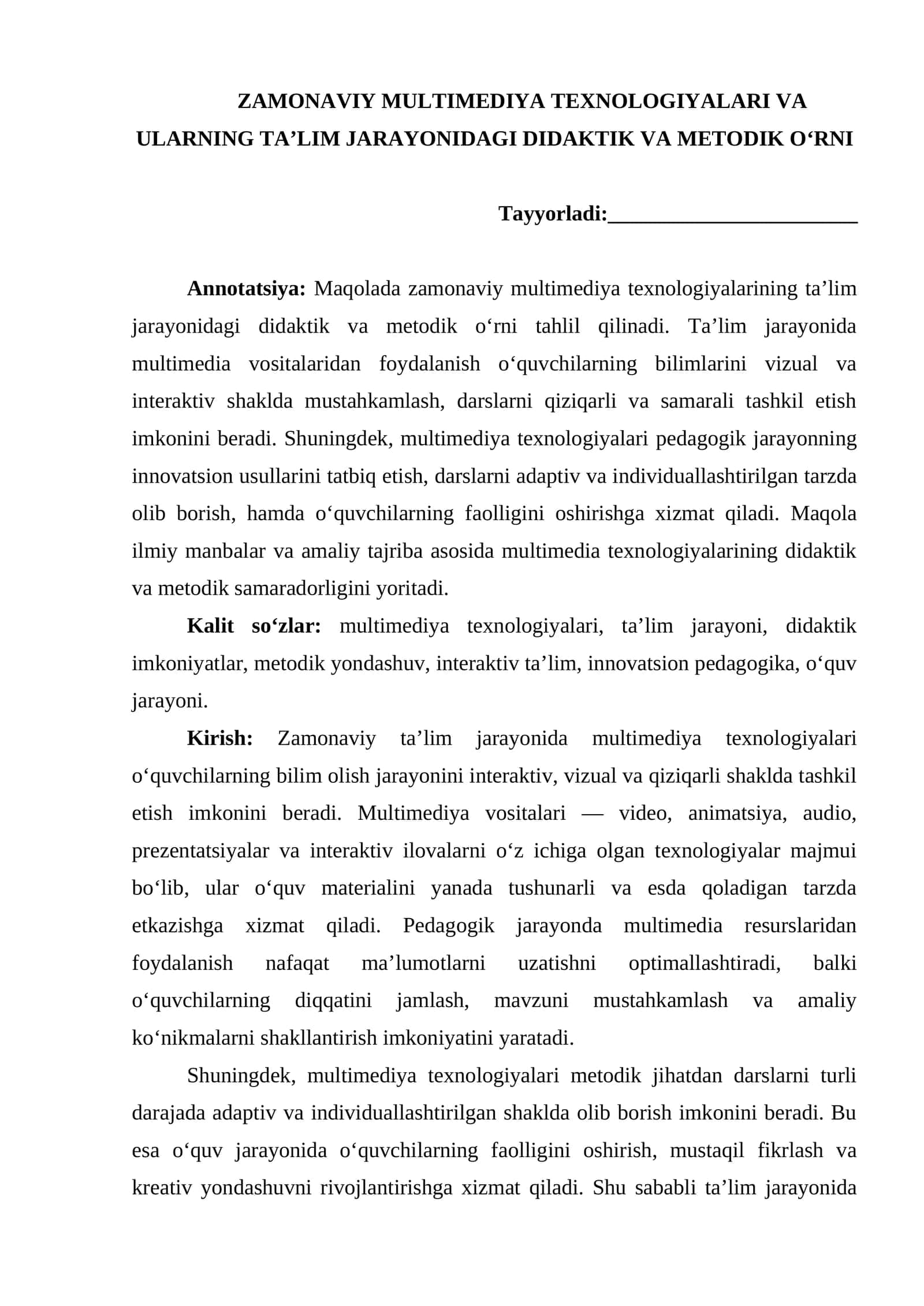 ZAMONAVIY MULTIMEDIYA TEXNOLOGIYALARI VA ULARNING TA’LIM JARAYONIDAGI DIDAKTIK VA METODIK O‘RNI 1