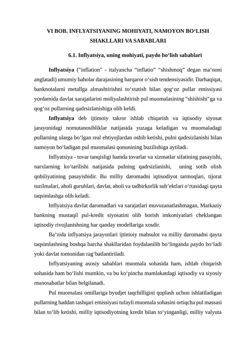 INFLYATSIYANING MOHIYATI, NAMOYON BO‘LISH SHAKLLARI VA SABABLARI 1
