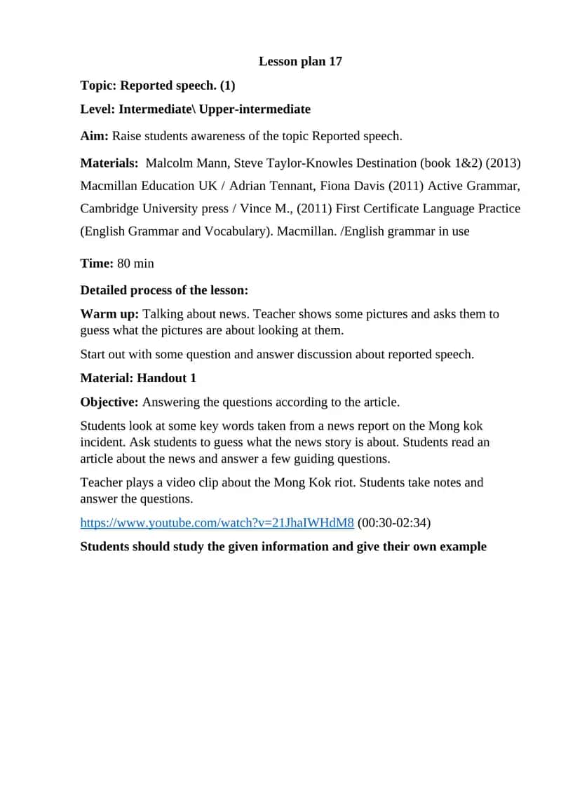Reported speech lesson plan 1