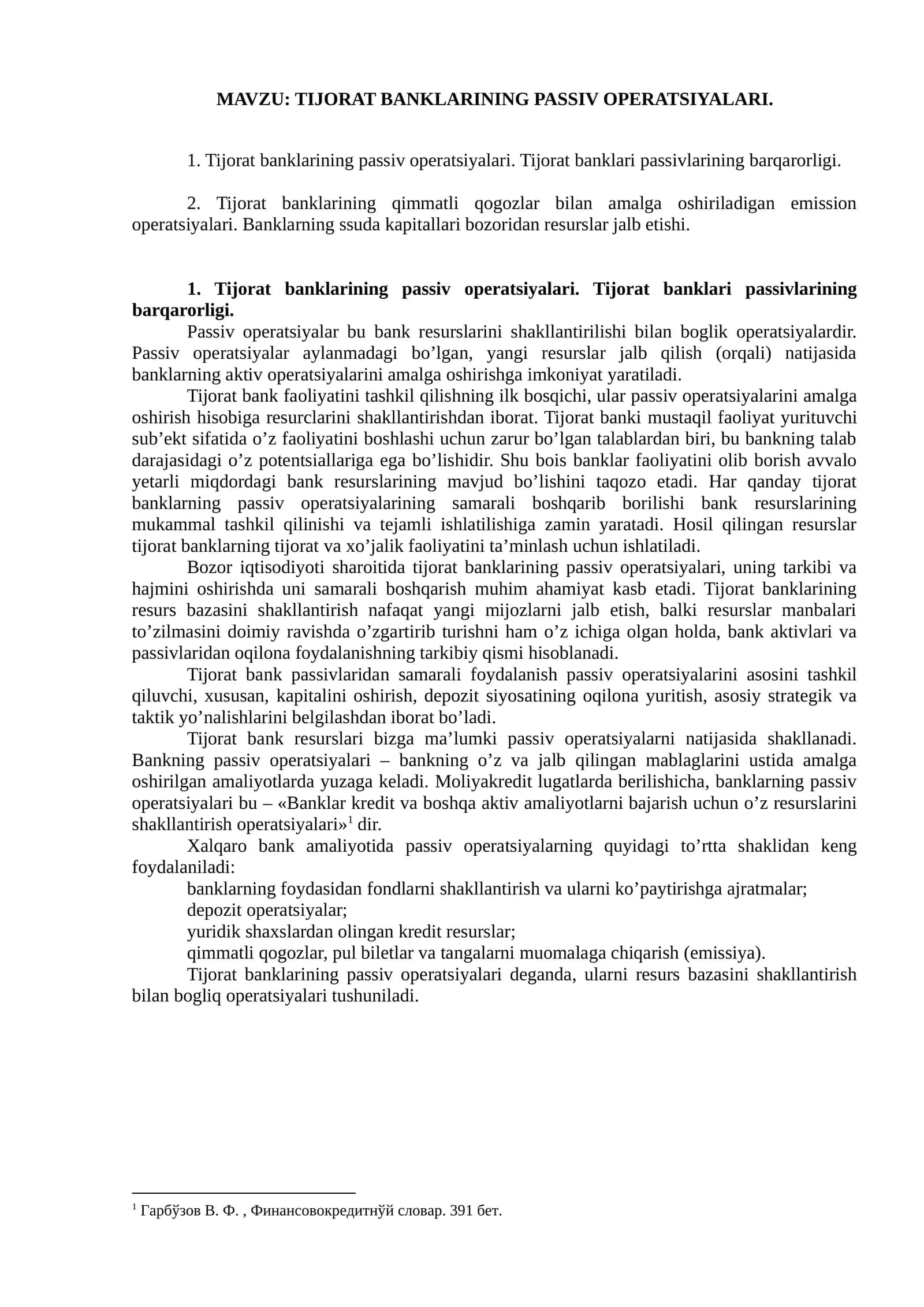 TIJORAT BANKLARINING PASSIV OPERATSIYALARI 1