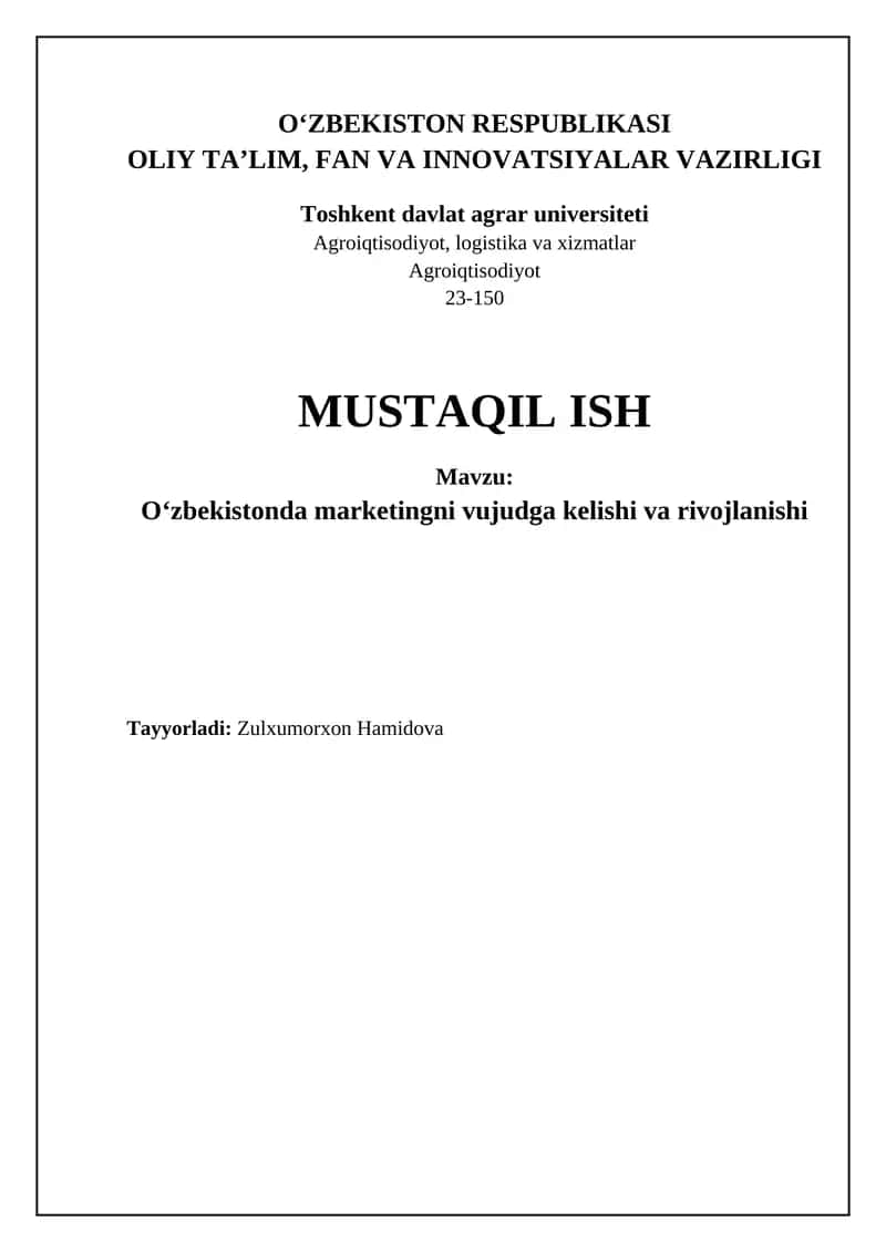 Oʻzbekistonda marketingni vujudga kelishi va rivojlanishi 1