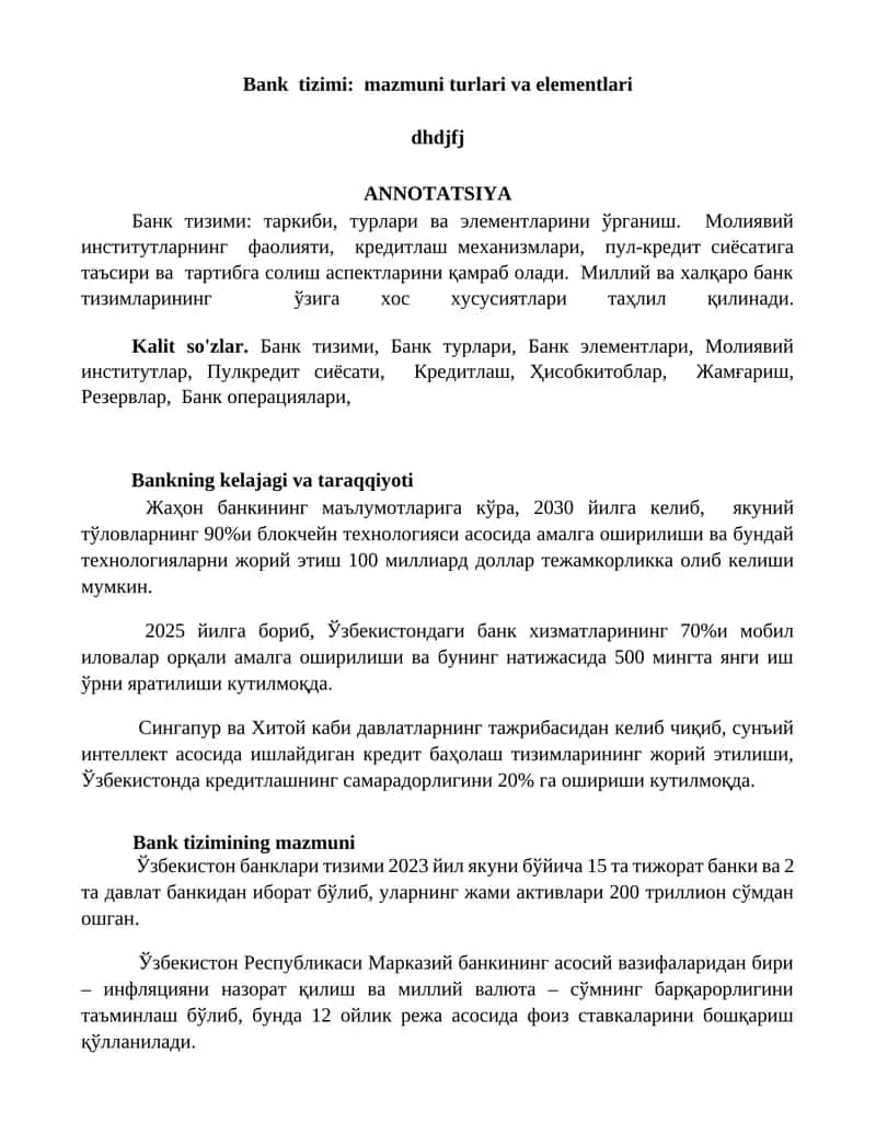 Bank tizimi: mazmuni turlari va elementlari 1
