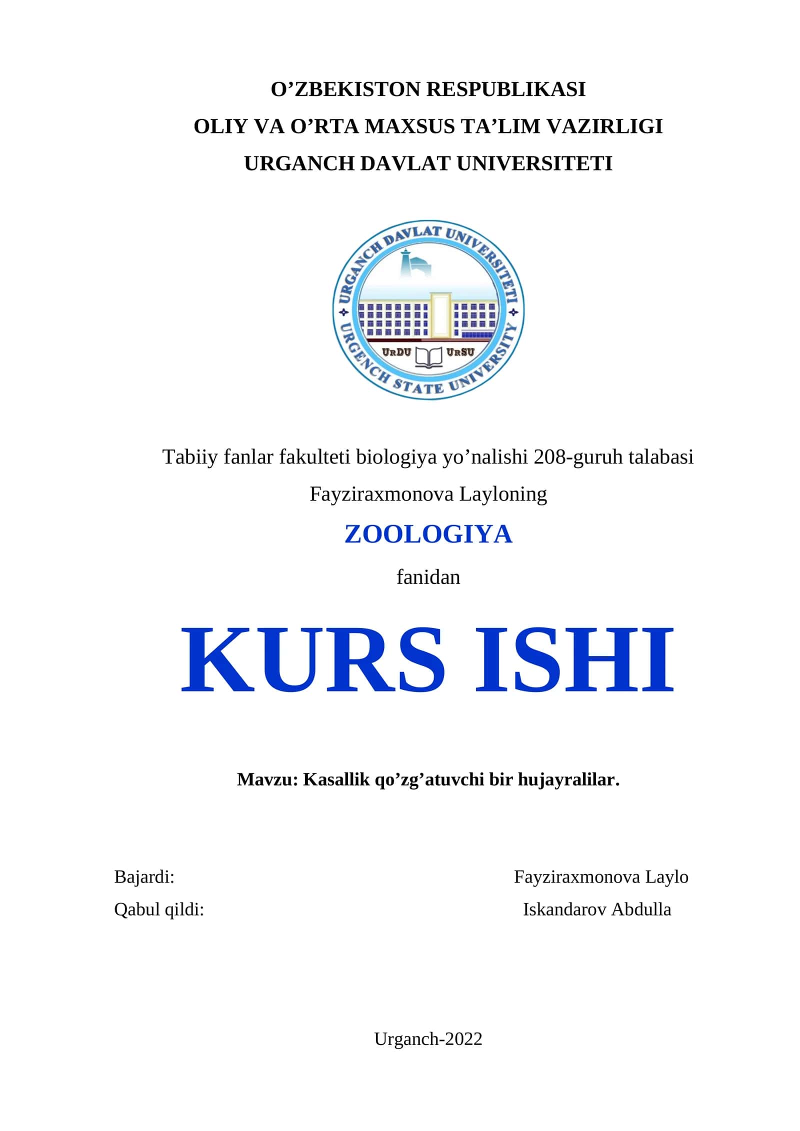 Kasallik qo’zg’atuvchi bir hujayralilar KURS ISHI 1