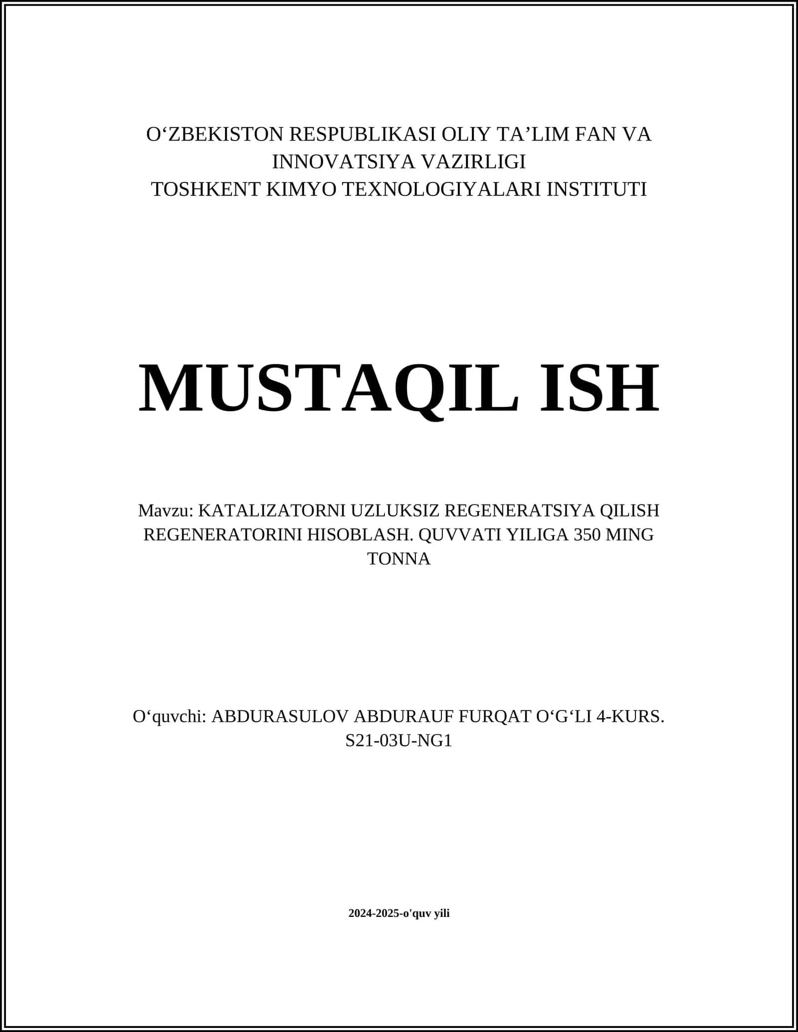 KATALIZATORNI UZLUKSIZ REGENERATSIYA QILISH REGENERATORINI HISOBLASH 1