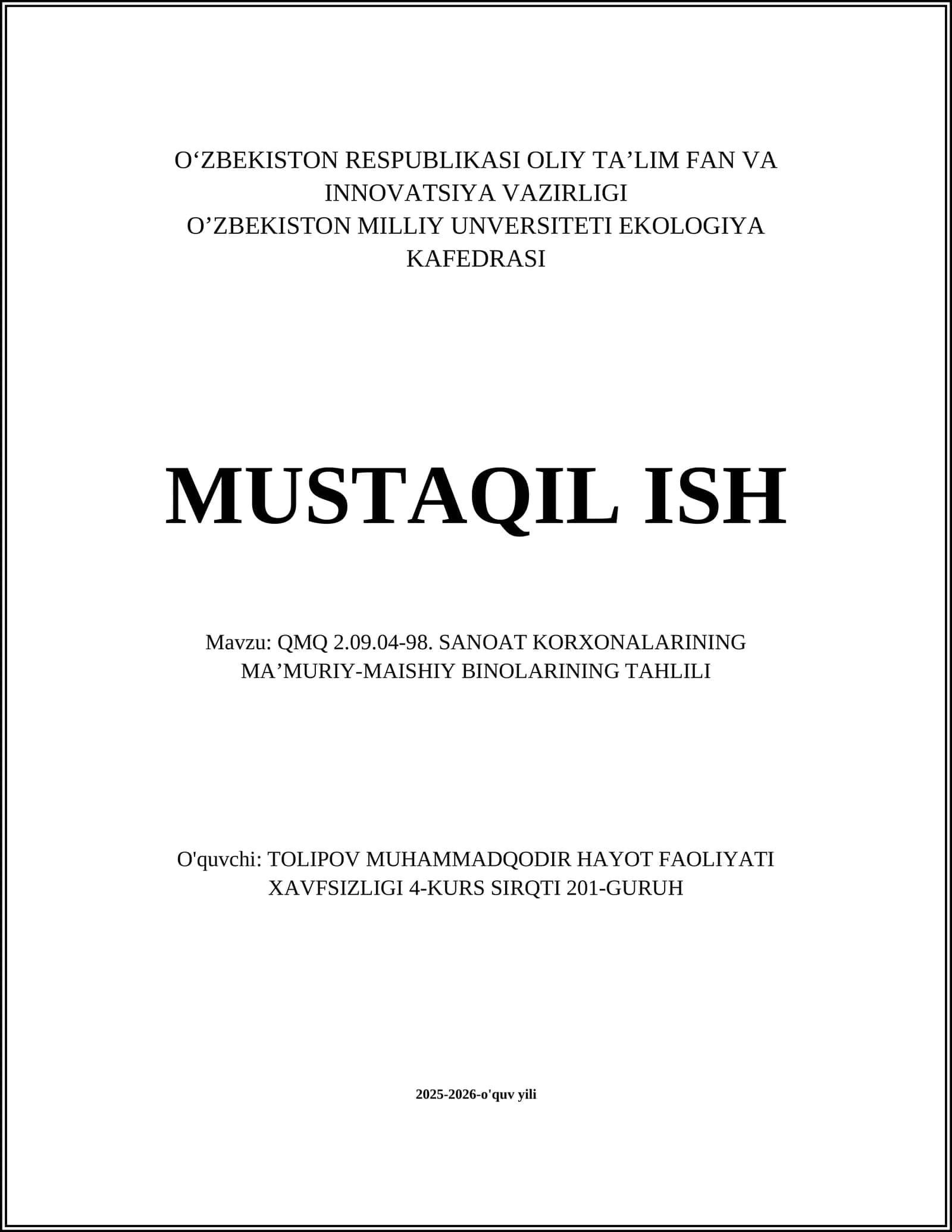 QMQ 2.09.04-98 SANOAT KORXONALARINING MA’MURIY-MAISHIY BINOLARINING TAHLILI 1