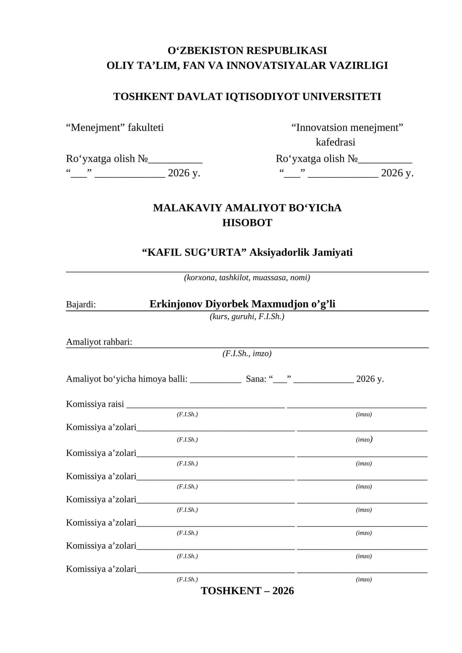 MALAKAVIY AMALIYOT BO‘YIChA HISOBOT. Kafil sugʻurta boyicha 1