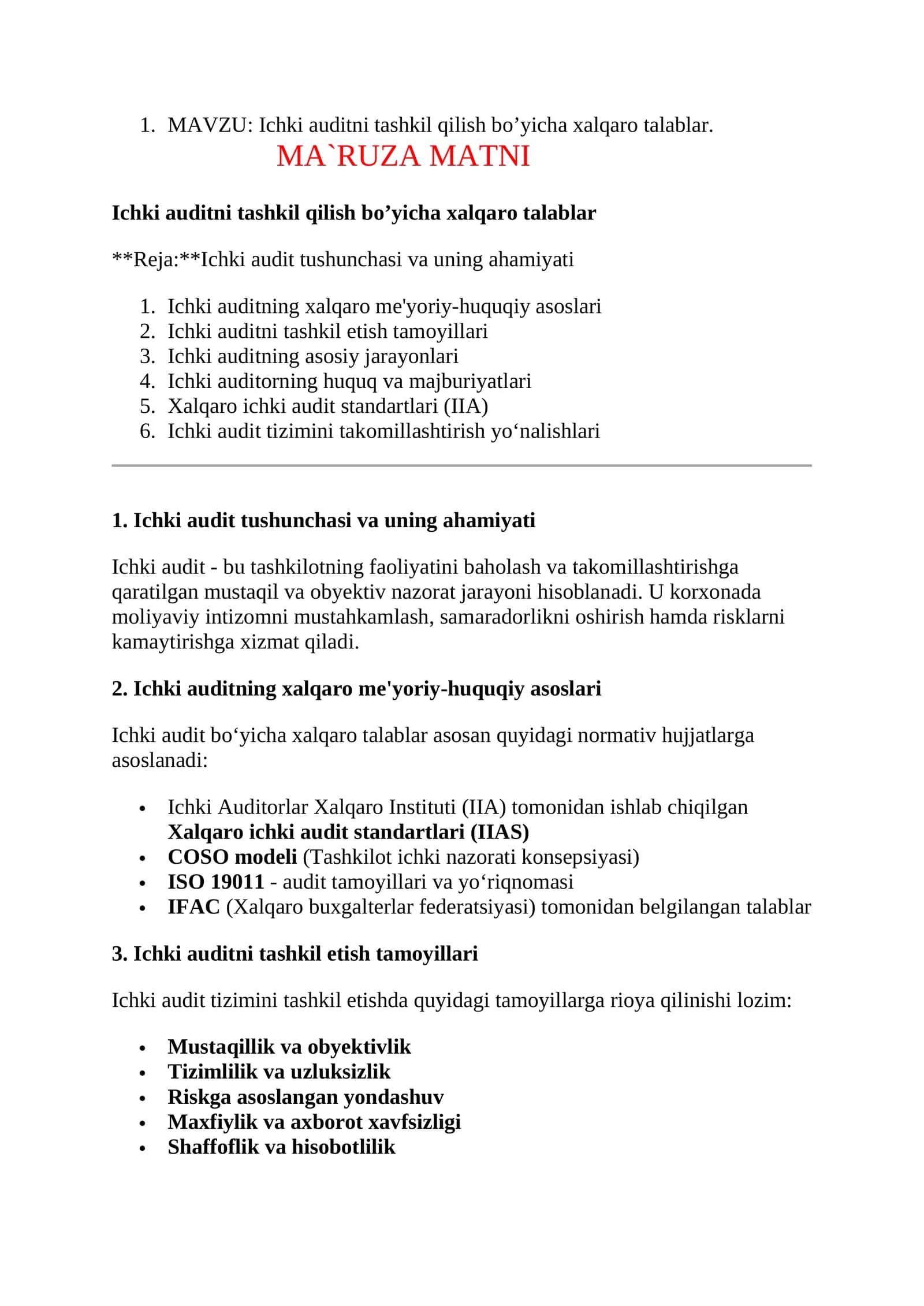 Ichki auditni tashkil qilish bo’yicha xalqaro talablar 1