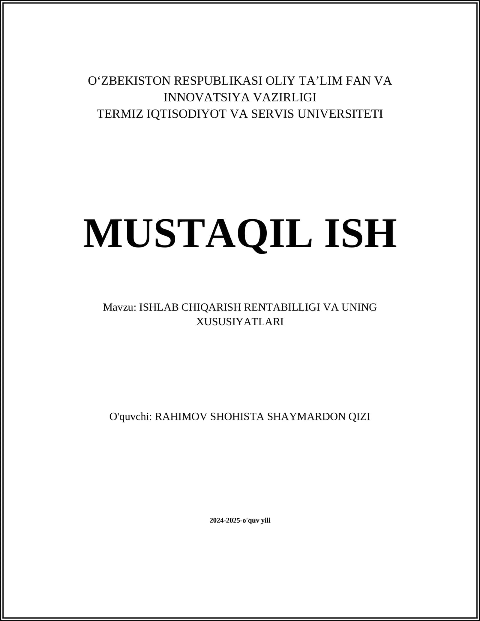 ISHLAB CHIQARISH RENTABILLIGI VA UNING XUSUSIYATLARI 1