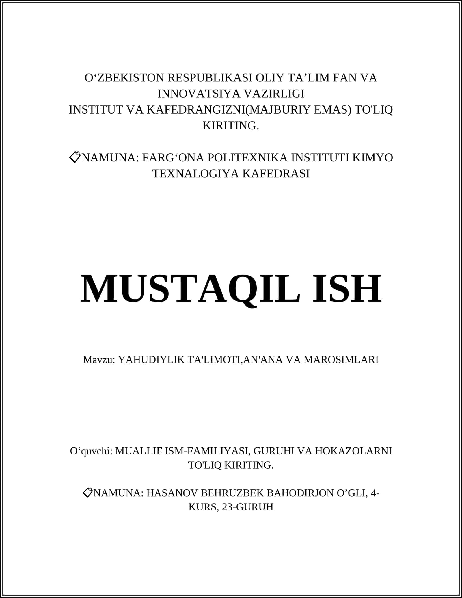 YAHUDIYLIK TA'LIMOTI,AN'ANA VA MAROSIMLARI 1