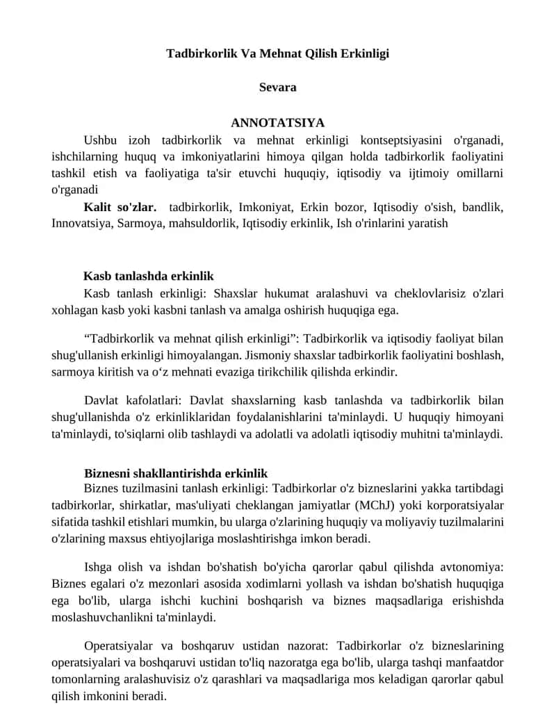 Tadbirkorlik Va Mehnat Qilish Erkinligi 1