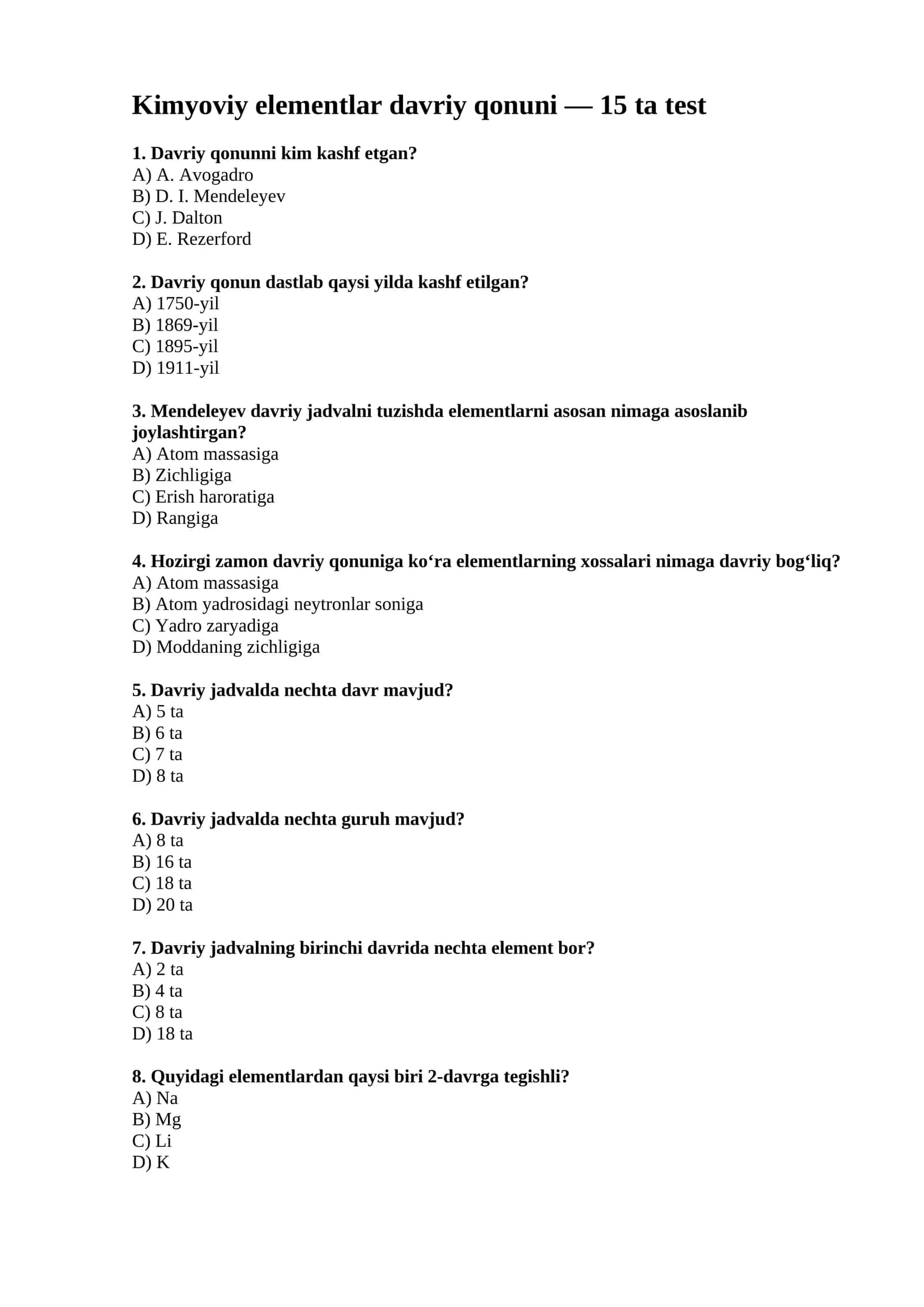 Kimyoviy elementlar davriy qonuni — 15 ta test 1