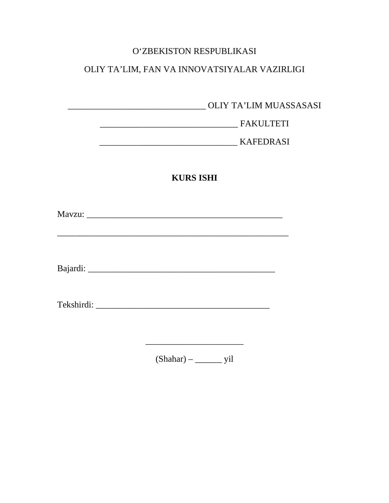 Kurs ishi titul varaqa (GOST) – Word (.docx) muqova shabloni 1