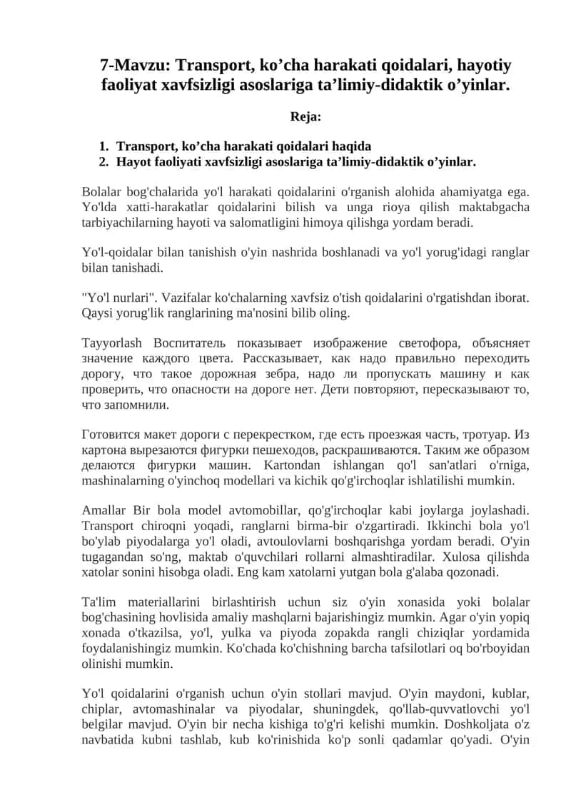 Transport, ko’cha harakati qoidalari, hayotiy faoliyat xavfsizligi asoslariga ta’limiy-didaktik o’yinlar 1