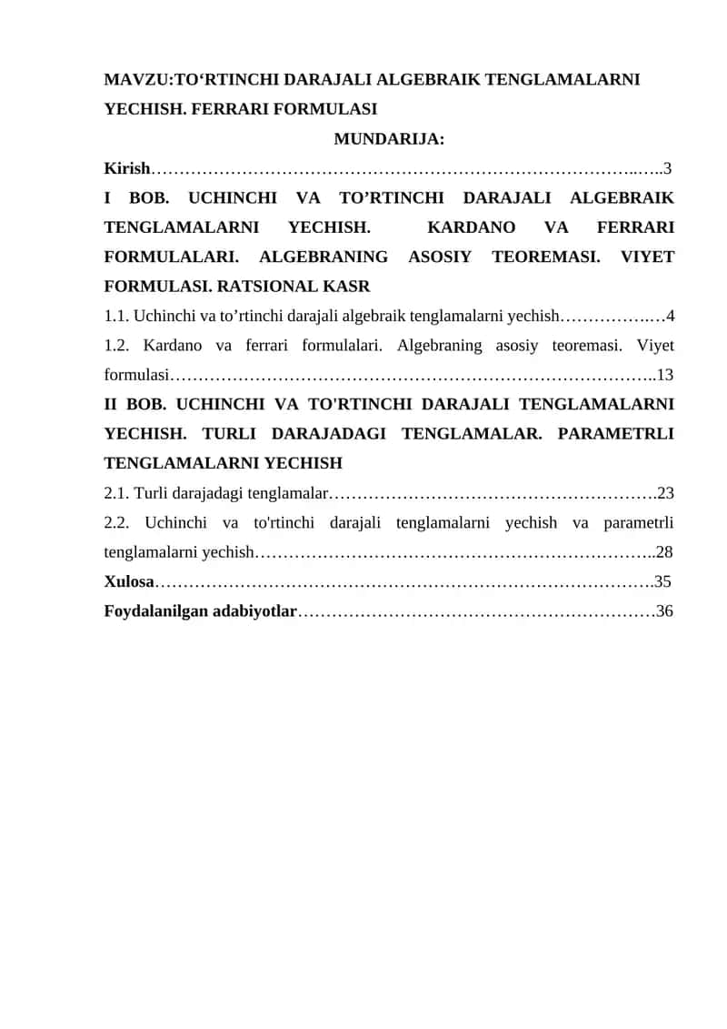 Uchinchi va To’rtinchi Darajali Algebraik Tenglamalarni Yechish 1
