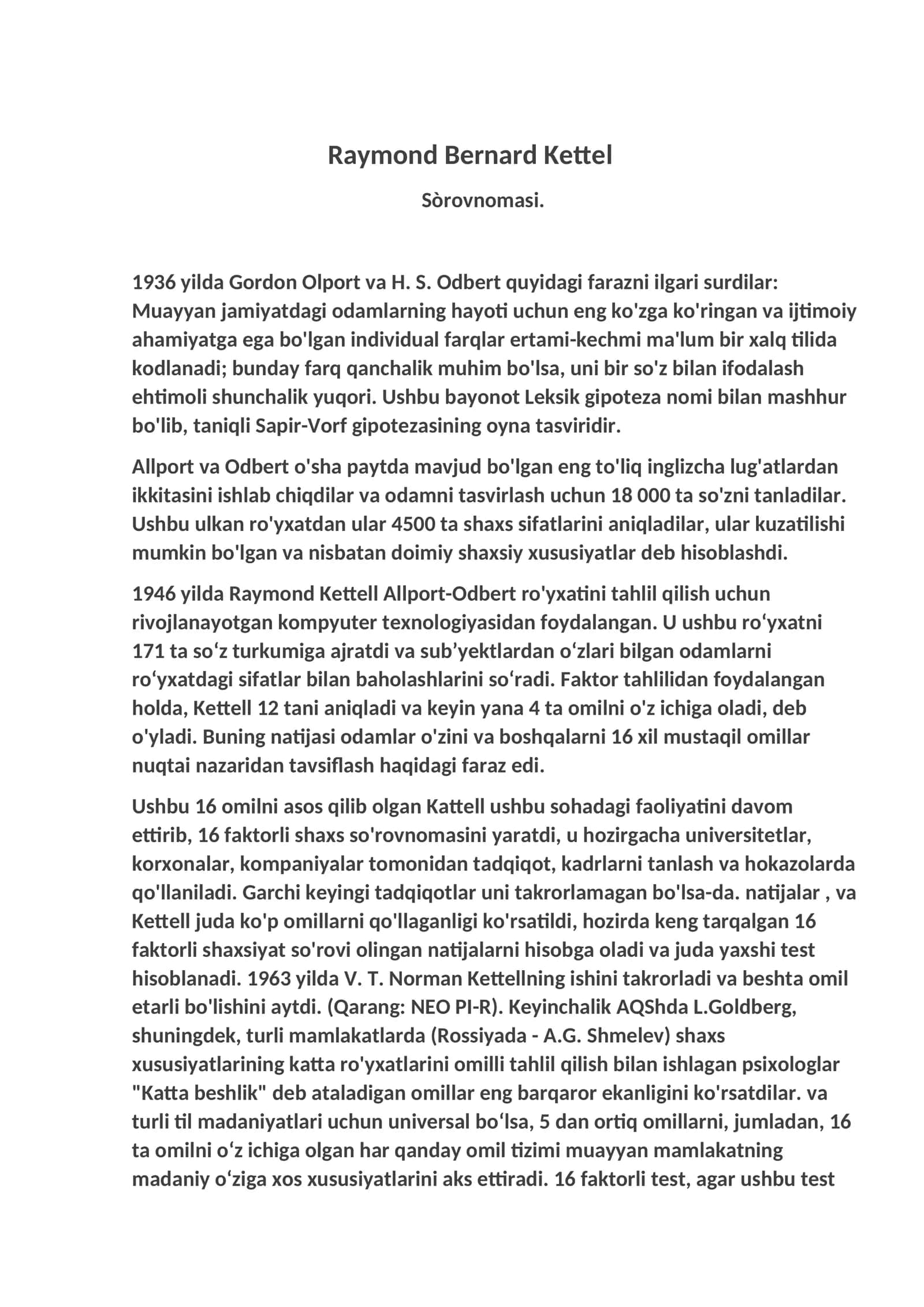 Raymond Bernard Kettel Sòrovnomasi 1
