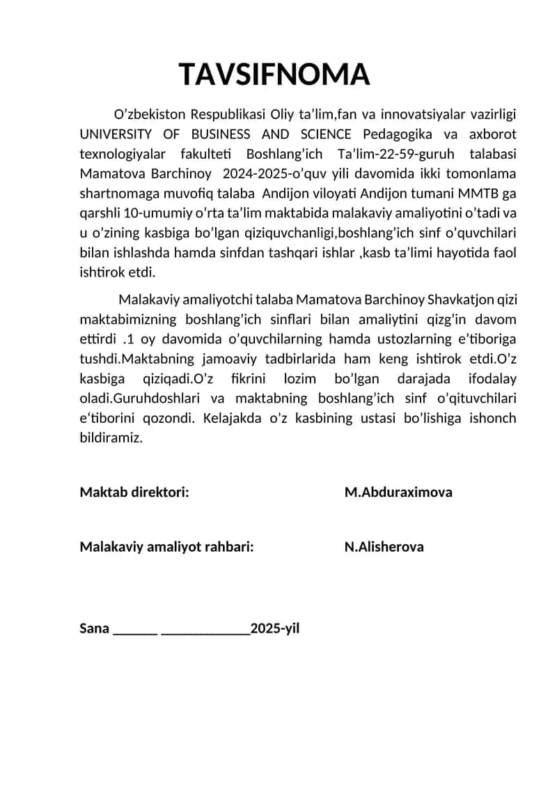 Malakaviy amaliyot 1