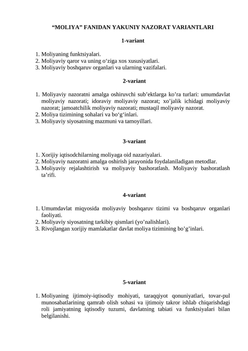 "MOLIYA" FANIDAN YAKUNIY NAZORAT VARIANTLARI 1