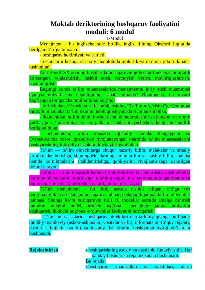 Maktab deriktorining boshqaruv faoliyatini moduli: 6 modul 1