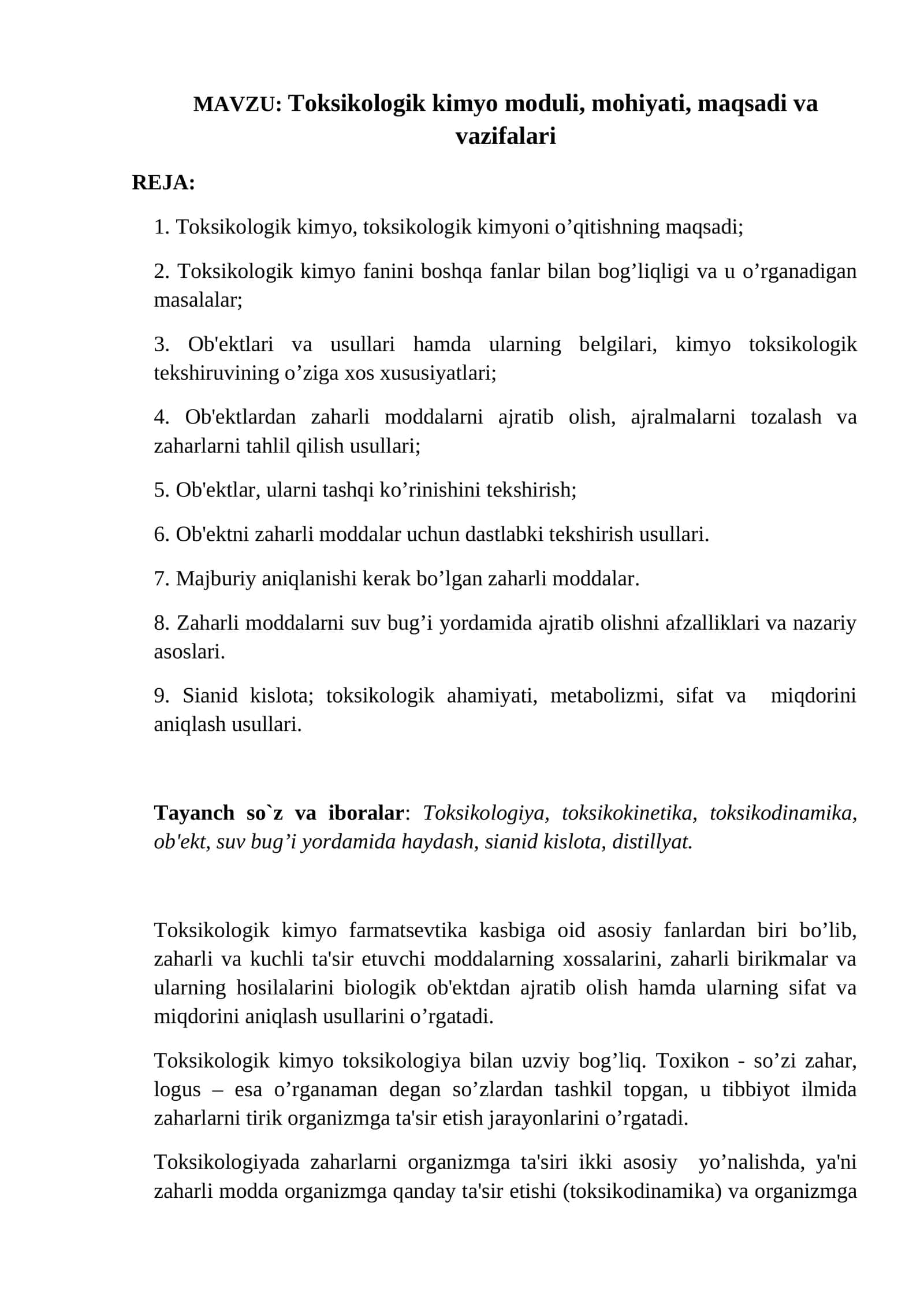 Toksikologik kimyo moduli, mohiyati, maqsadi va vazifalari 1
