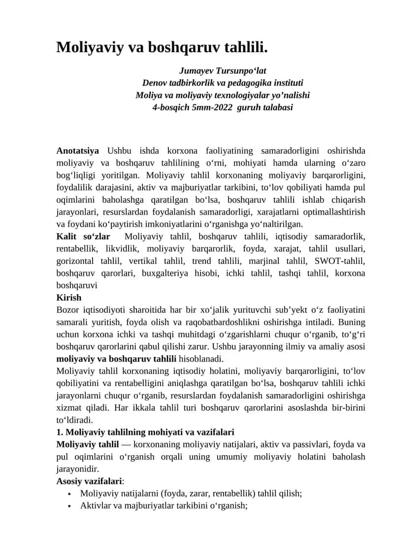 Moliyaviy va boshqaruv tahlili 1