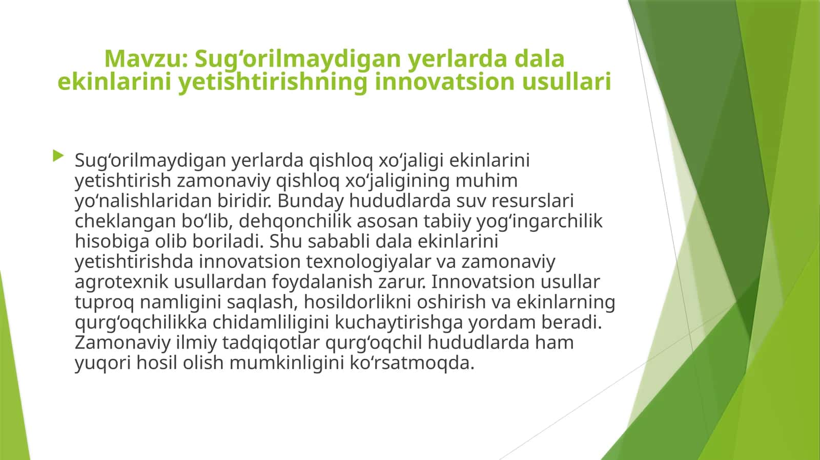 Sug‘orilmaydigan yerlarda dala ekini yetishtirishning innovatsion usullari 1