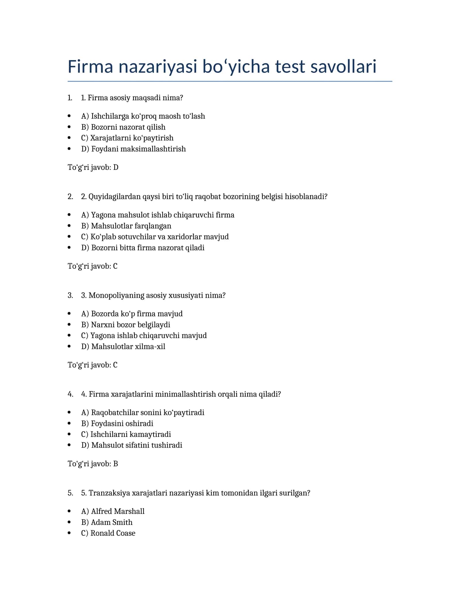 Firma nazariyasi bo‘yicha test savollari 1
