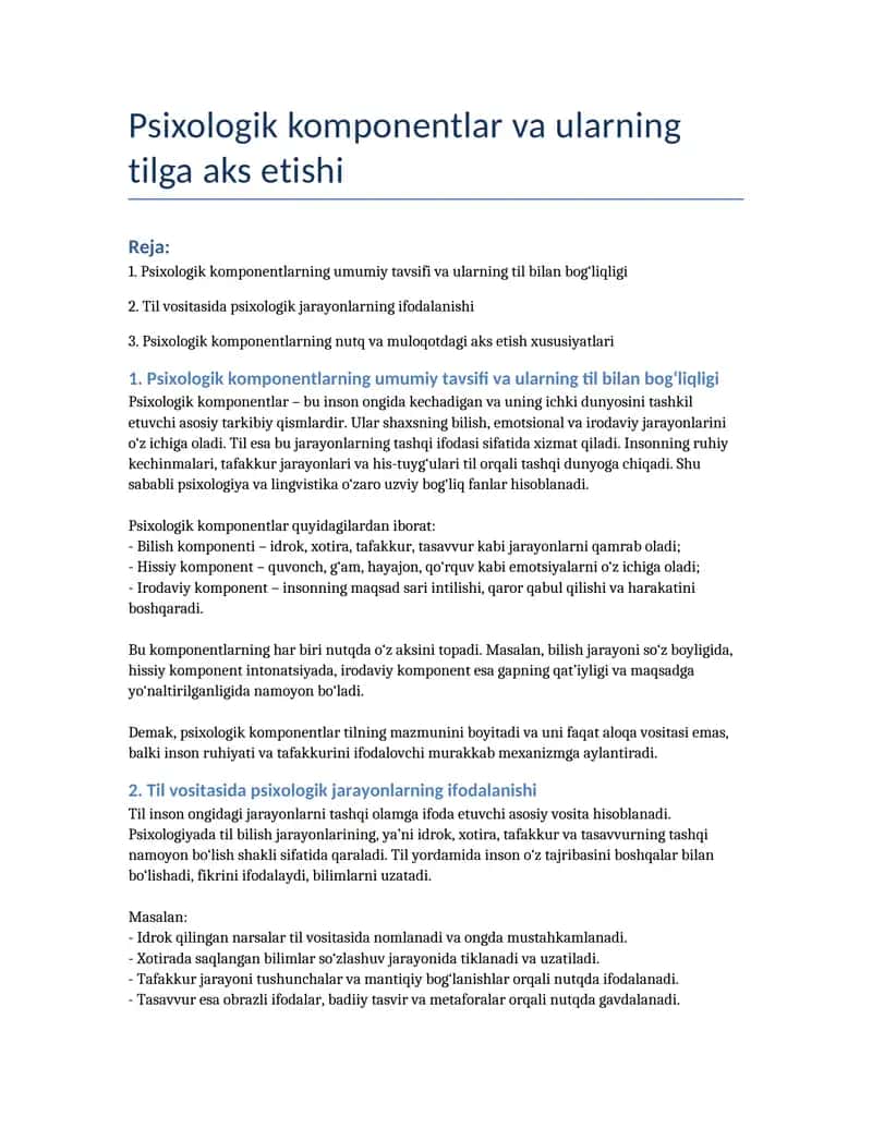 Psixologik komponentlar va ularning tilga aks etishi 1