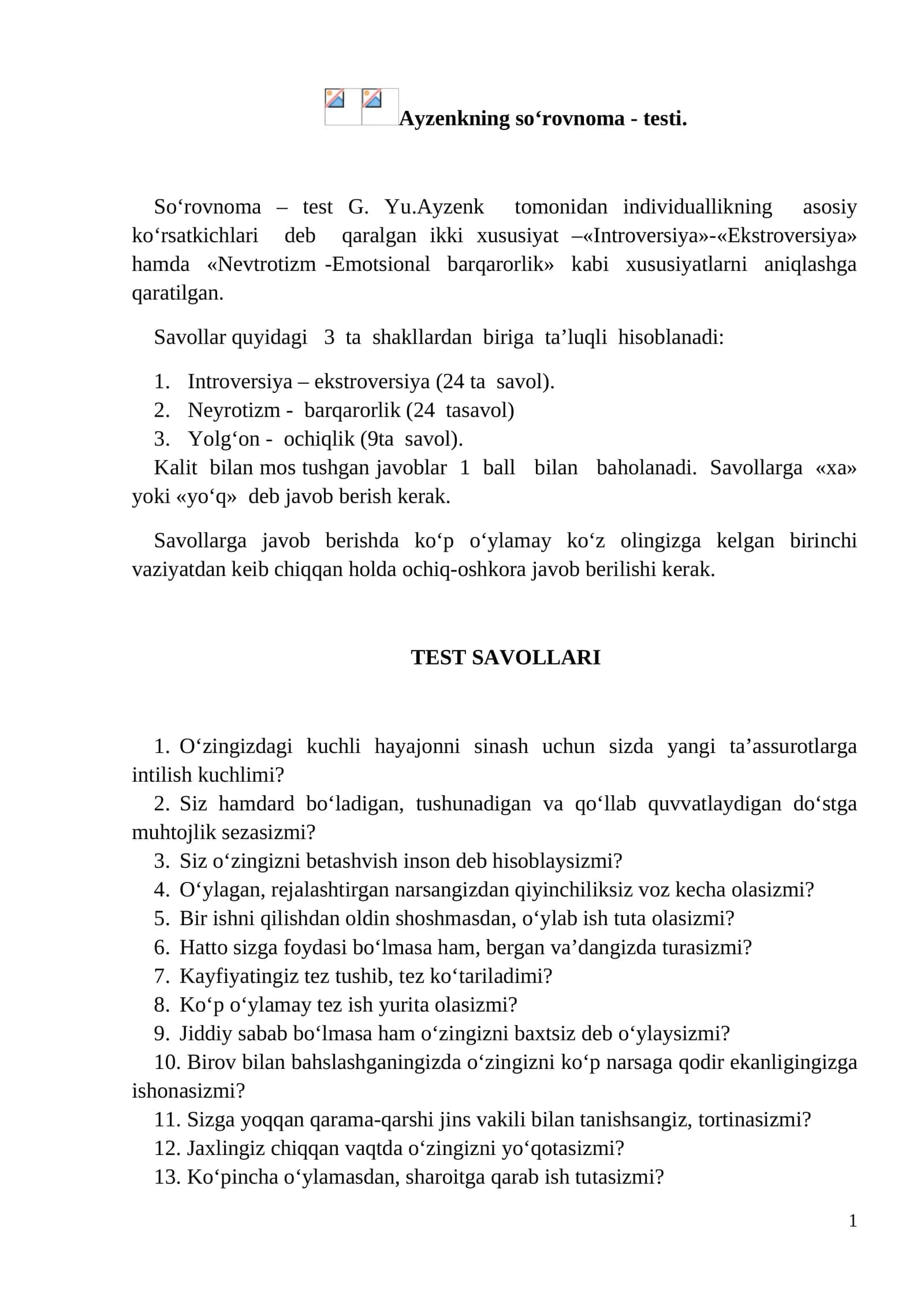 Ayzenkning so‘rovnoma - testi 1