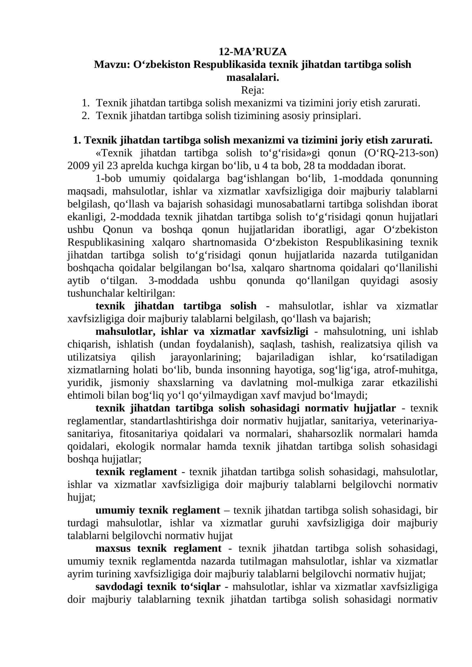 O‘zbekiston Respublikasida texnik jihatdan tartibga solish masalalari 1