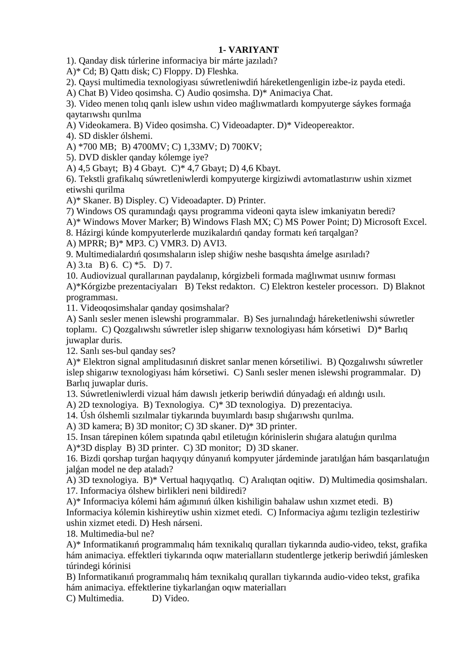 informatika páninen testler toplamı 2025-jıl 1